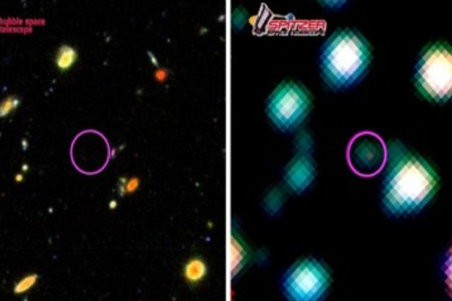 Imágenes del cielo en torno a una de las galaxias masivas y distantes descubiertas en este trabajo. A la izquierda se muestra una imagen construida con datos en distintas longitudes de onda tomados por el Hubble. El círculo rosa muestra la posición de una de las galaxias descubiertas, donde este telescopio no detecta nada. Sin embargo, Spitzer (derecha) claramente registra una fuente brillante en el infrarrojo medio. / CAB