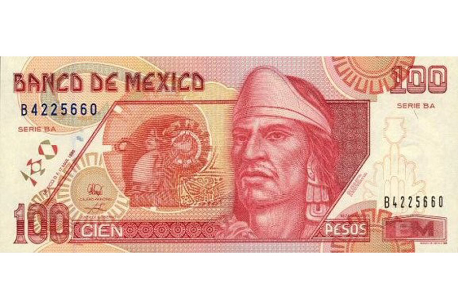 Este es el billete perteneciente a la generación anterior. El poema se encuentra en letras muy pequeñas a la derecha de Nezahualcóyotl, solo que en los billetes de la generación C a la D1, no se incluía su nombre al final del poema. Este billete sigue en circulación, aunque está siendo retirado actualmente