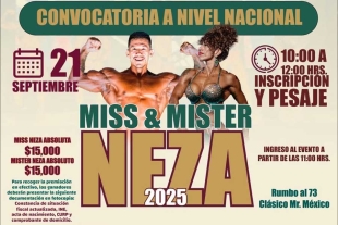 La premiación contempla 15 mil pesos para el Mister Neza Absoluto y 15 mil para la Miss Neza Absoluta