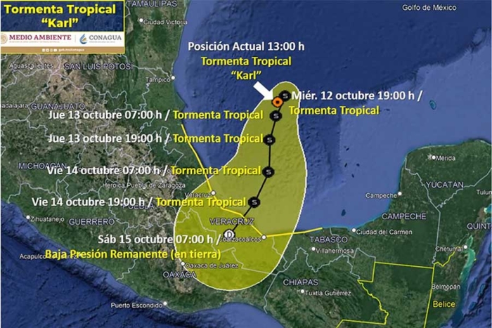 Esta será la trayectoria de la tormenta tropical ‘Karl’ hasta el 16 de octubre