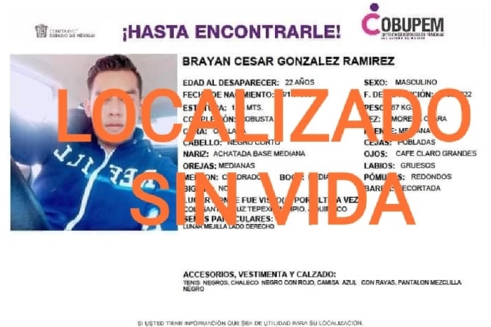 Localizan sin vida a Brayan González, desaparecido en Jiquipilco