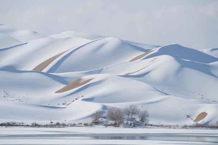 Inesperada nevada convierte un desierto chino en una fantasía invernal