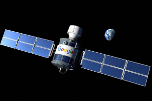 Representación de un satélite con la imagen de Google orbitando la Tierra, simbolizando proyectos tecnológicos y de conectividad global.
