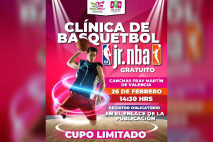 Niñas, niños y jóvenes podrán entrenar con la metodología Jr. NBA en una clínica gratuita, este 26 de febrero en las Canchas Fray Martín de Valencia.
