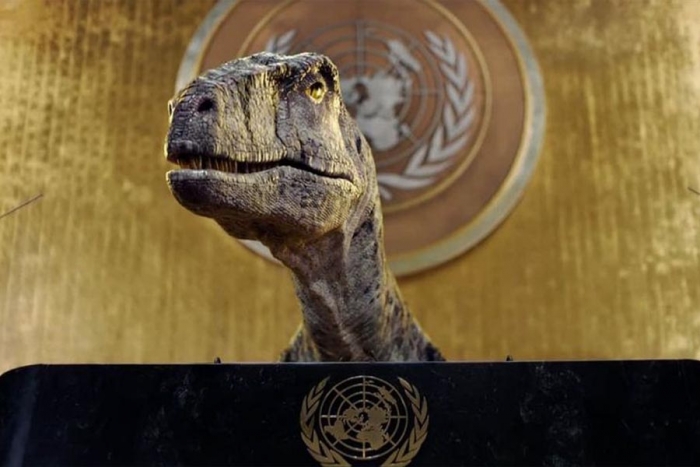 No elijan la extinción”: dinosaurio en la ONU advierte sobre el cambio climático