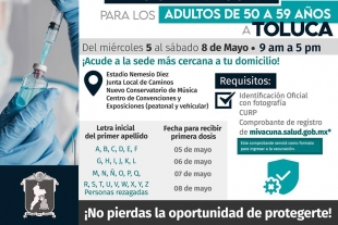 Del 5 al 8 de mayo aplicarán en Toluca 1a dosis de vacuna contra COVID-19 a personas de 50 a 59 años