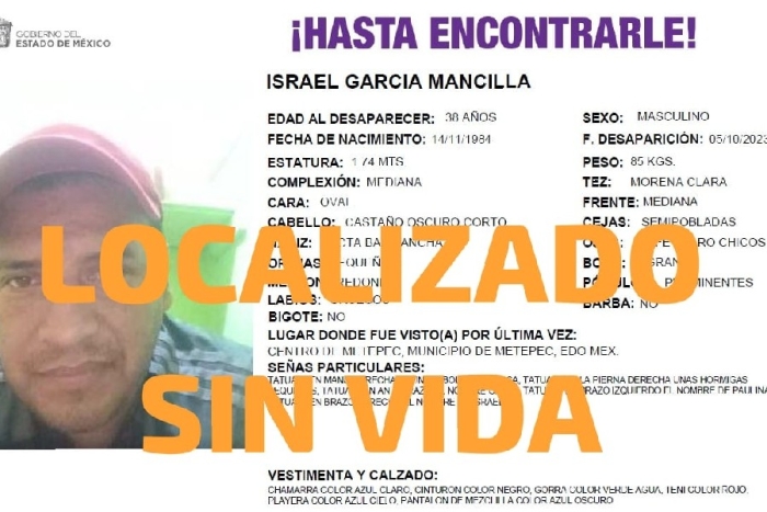 Localizan sin vida a Israel García, desaparecido en Metepec