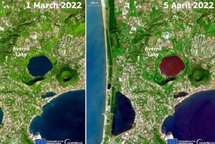 Captan desde el espacio cómo un lago italiano se tiñó de color rojo