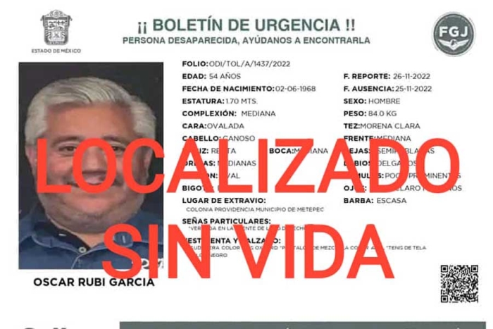 Localizan sin vida a Óscar Rubí, desaparecido el 25 de noviembre en Metepec