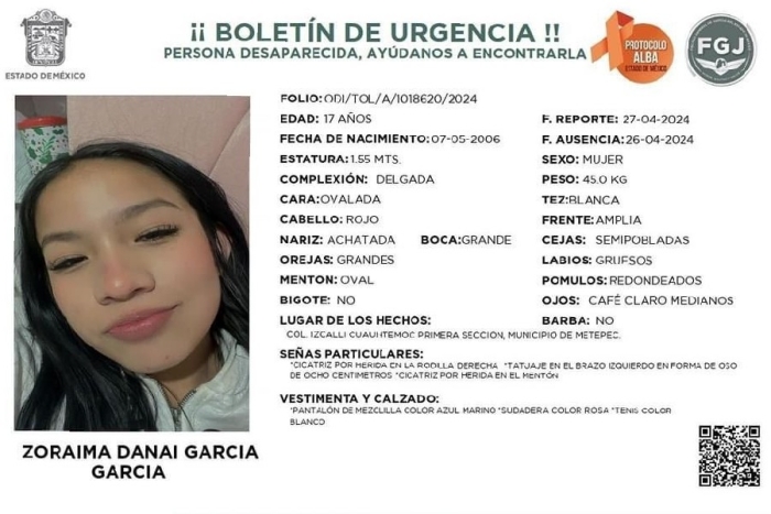 Zoraima Danai García de 17 años de edad fue vista por última vez el pasado viernes 26 de abril 