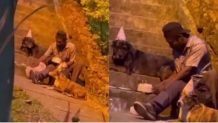 Hombre en situación de calle celebra su cumpleaños con sus perritos