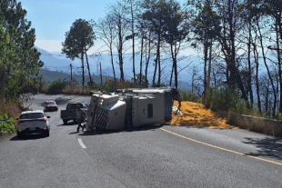 tráiler cargado con maíz rolado volcó en el tramo Momoxtle–La Cumbre. El operador salió ileso, pero la circulación permanece lenta y con riesgo de cierre total