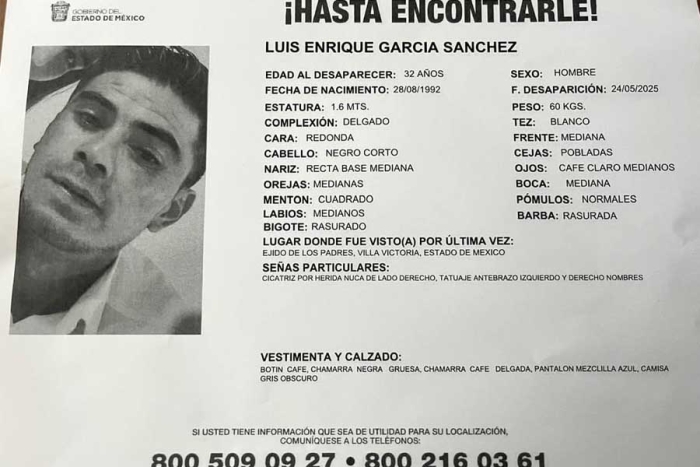 Cualquier dato que ayude a dar con su paradero puede ser proporcionado a la Fiscalía General de Justicia del Estado de México