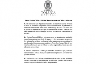 Como medida preventiva por Covid-19 posponen Festiva Toluca 2020