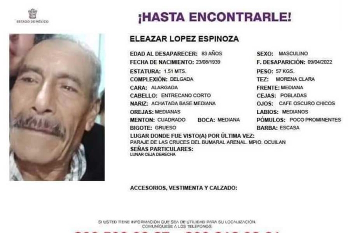 Buscan a Eleazar en Ocuilan; adulto mayor desaparecido hace 5 días