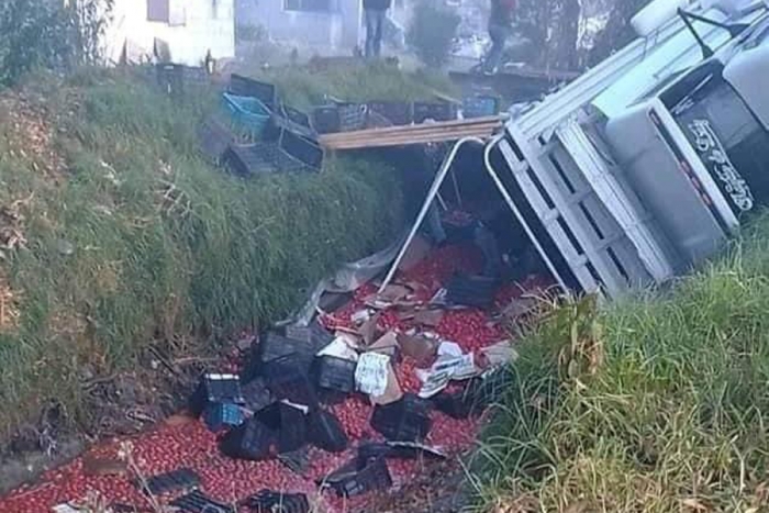 Cae camión de jitomate a canal de aguas negras