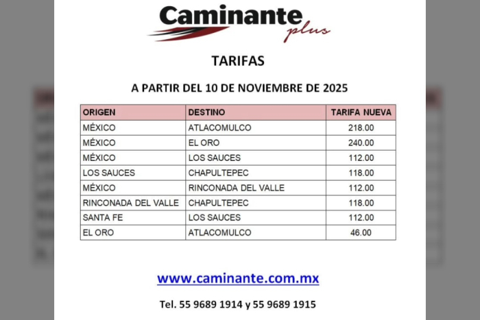 Entre los destinos donde se reflejará el nuevo costo se encuentran Atlacomulco, El Oro, Los Sauces, Chapultepec y Rincón de Valle, entre otros.