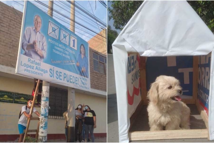 Decidieron derribar algunos carteles políticos sobre postes de luz para armar casitas,