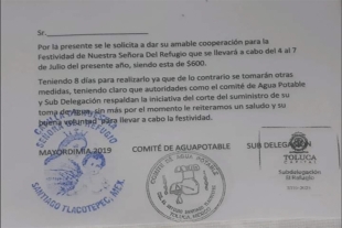 Condicionan servicio de agua a cooperación para festividad religiosa en comunidad de Toluca