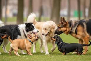 Diversos perritos conviven y socializan en un parque, disfrutando de un momento de juego al aire libre.