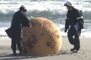 Aparece una gigante bola de hierro en una playa de Japón