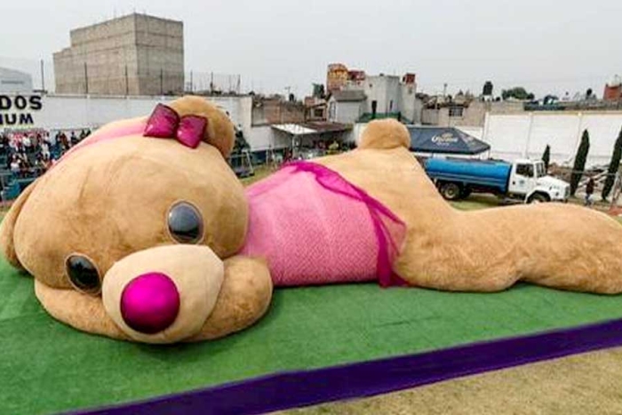 Un oso de peluche gigante deleita a la feria con su impresionante